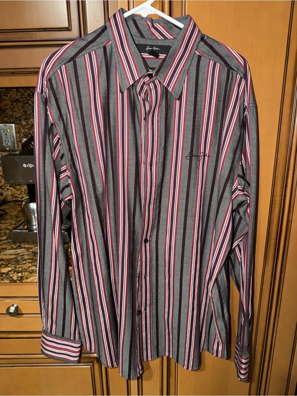 Sean John XXL Men’s Striped Button-Up Shirt Gray Burgundy White Long Sleeve